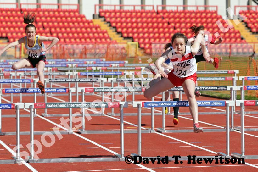 Lauren Beales (Gateshead Harriers) winning the under-13s 70 metres hurdles with a National and Championship record.